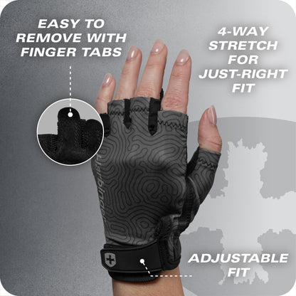 A hand wearing a fingerless glove with finger tabs against a gray background with text about features.