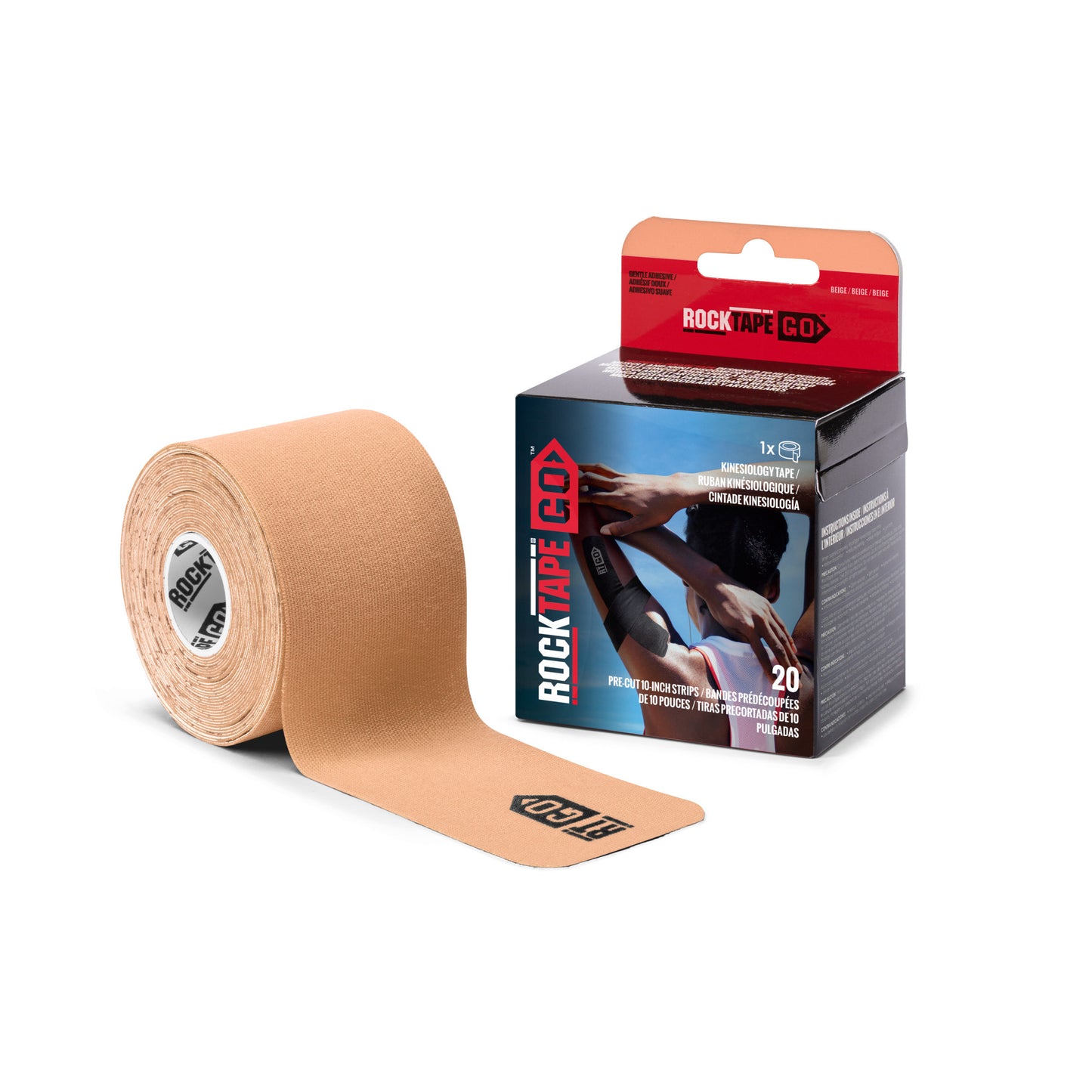 A roll of beige athletic tape is displayed next to a box of 20 sheets in a product package.