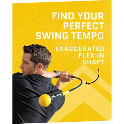 Person swings a golf club with exaggerated flex in shaft outdoors against a yellow background