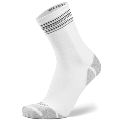 A white sports sock with gray accents is displayed, oriented for athletic use.