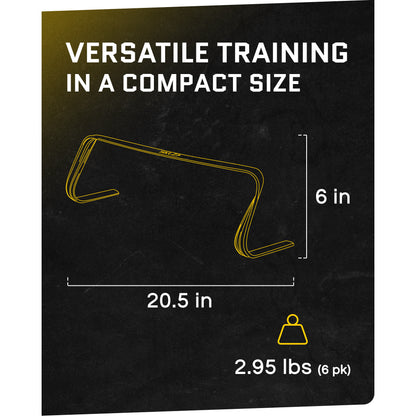Drawing of SKLZ 6X Hurdles with overlay text highlighting compact size and dimensions