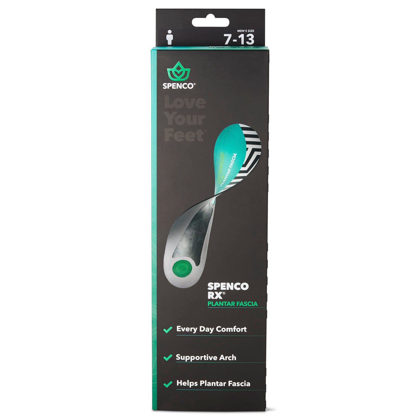 The packaging displays a foot support device designed for plantar fascia relief in a retail box.