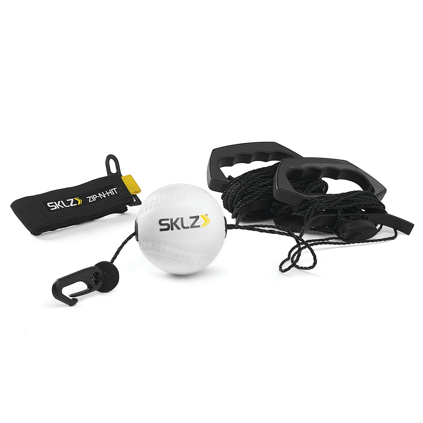 A SKLZ resistance training set with a tether ball ankle strap and handles on a white background