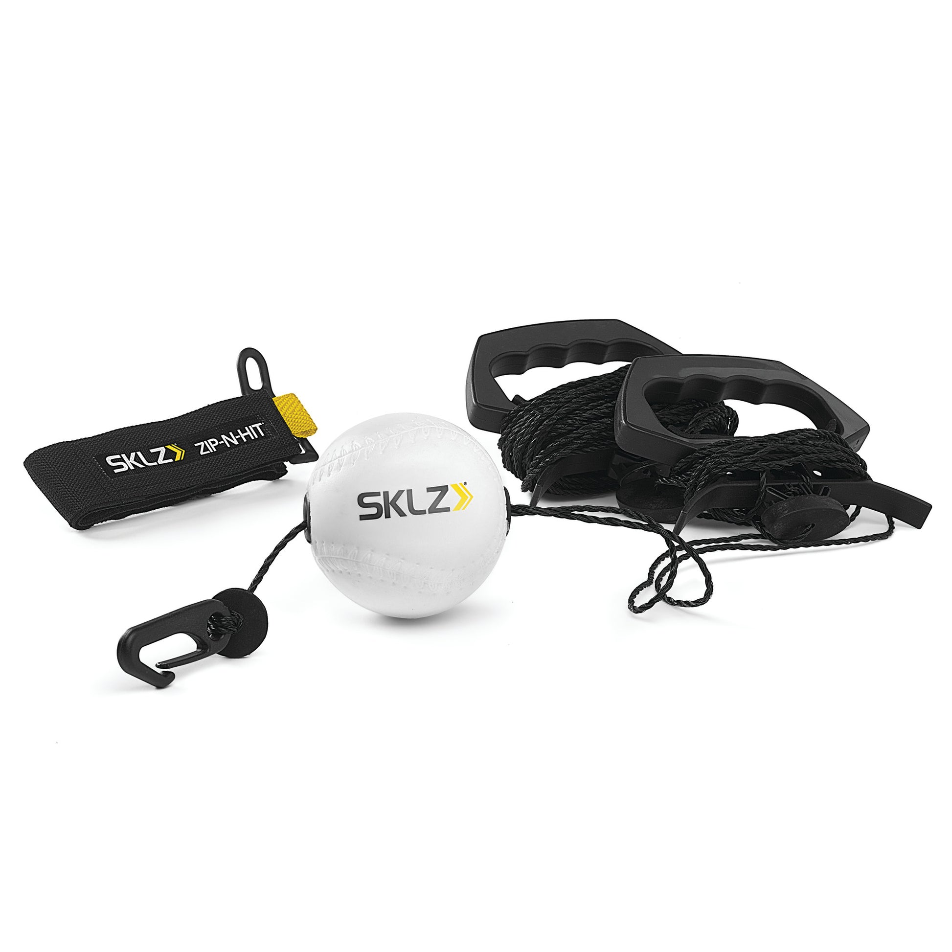 A SKLZ resistance training set with a tether ball ankle strap and handles on a white background
