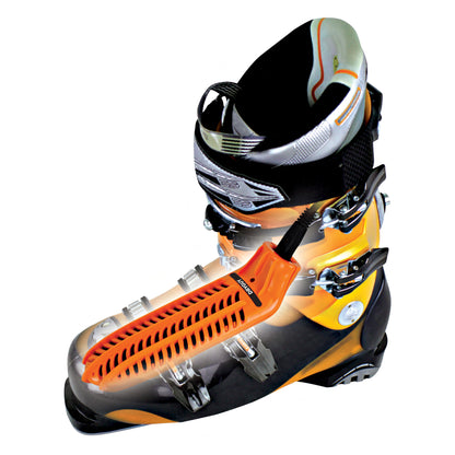 Ski boot secures ski on snow for winter sports activity.