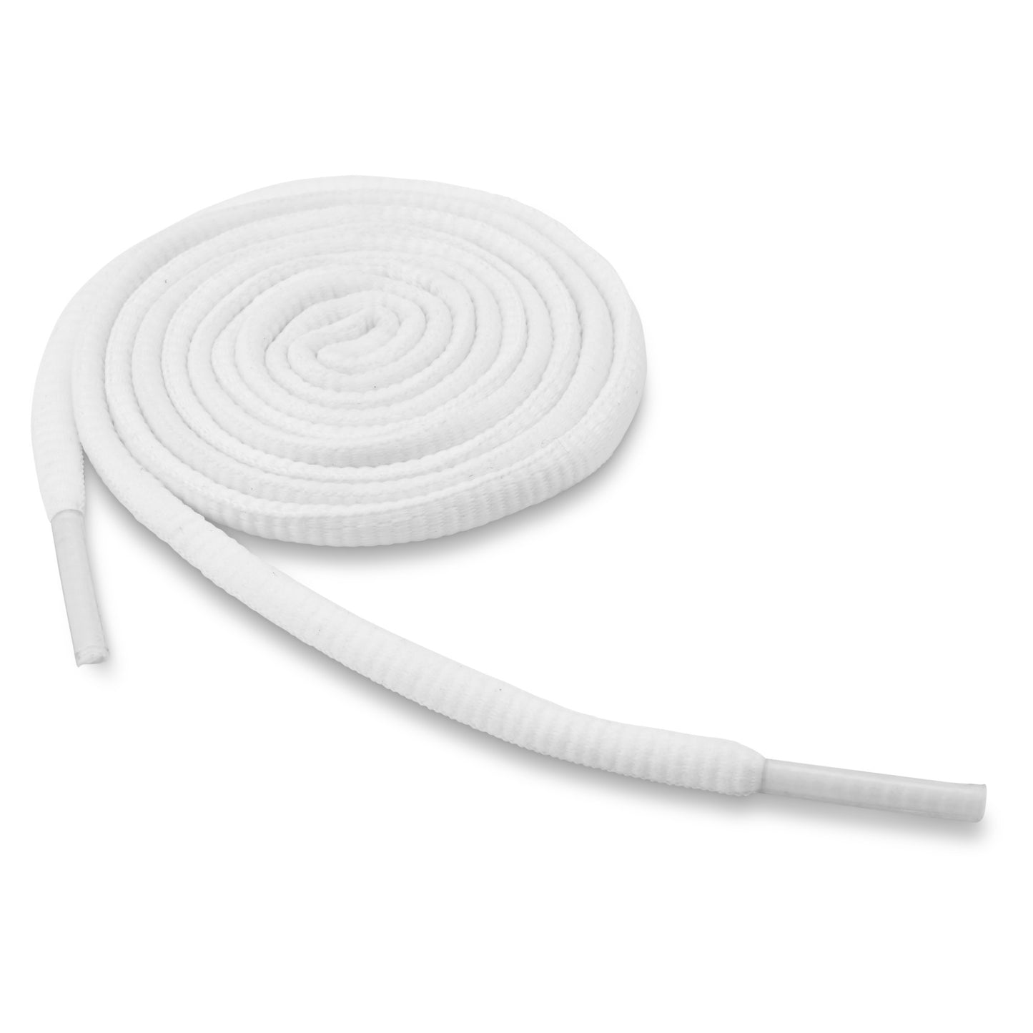 A white shoelace is coiled on a plain background.
