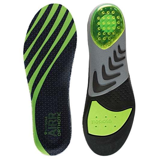 Orthotic insoles support feet in a sports shoe with a textured surface and cushioning.