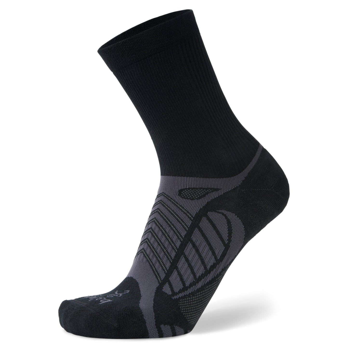 A sports sock showcases support and ventilation in a retail display setting.