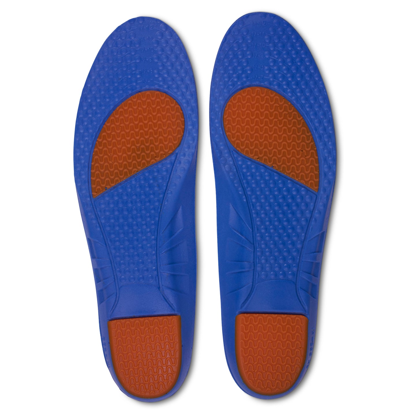 Pair of blue insoles with orange grip pads for improved comfort and traction