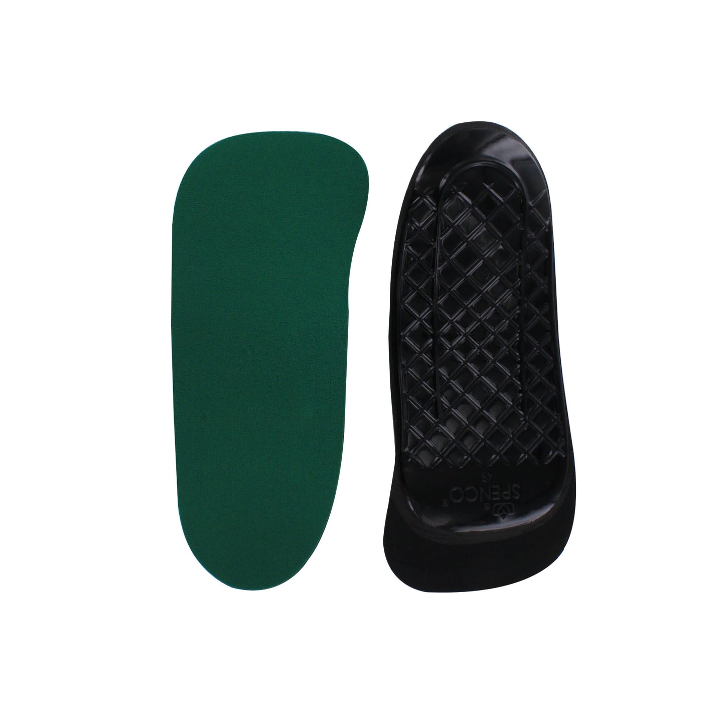 Green insole fits into black shoe insert in a white background environment