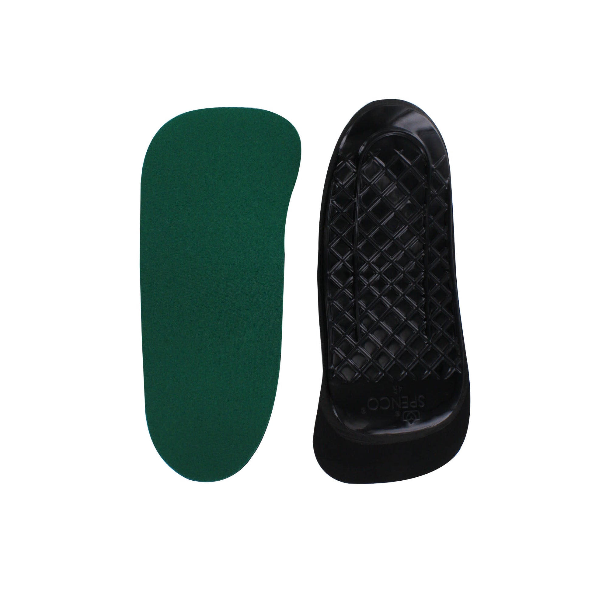 Green insole fits into black shoe insert in a white background environment