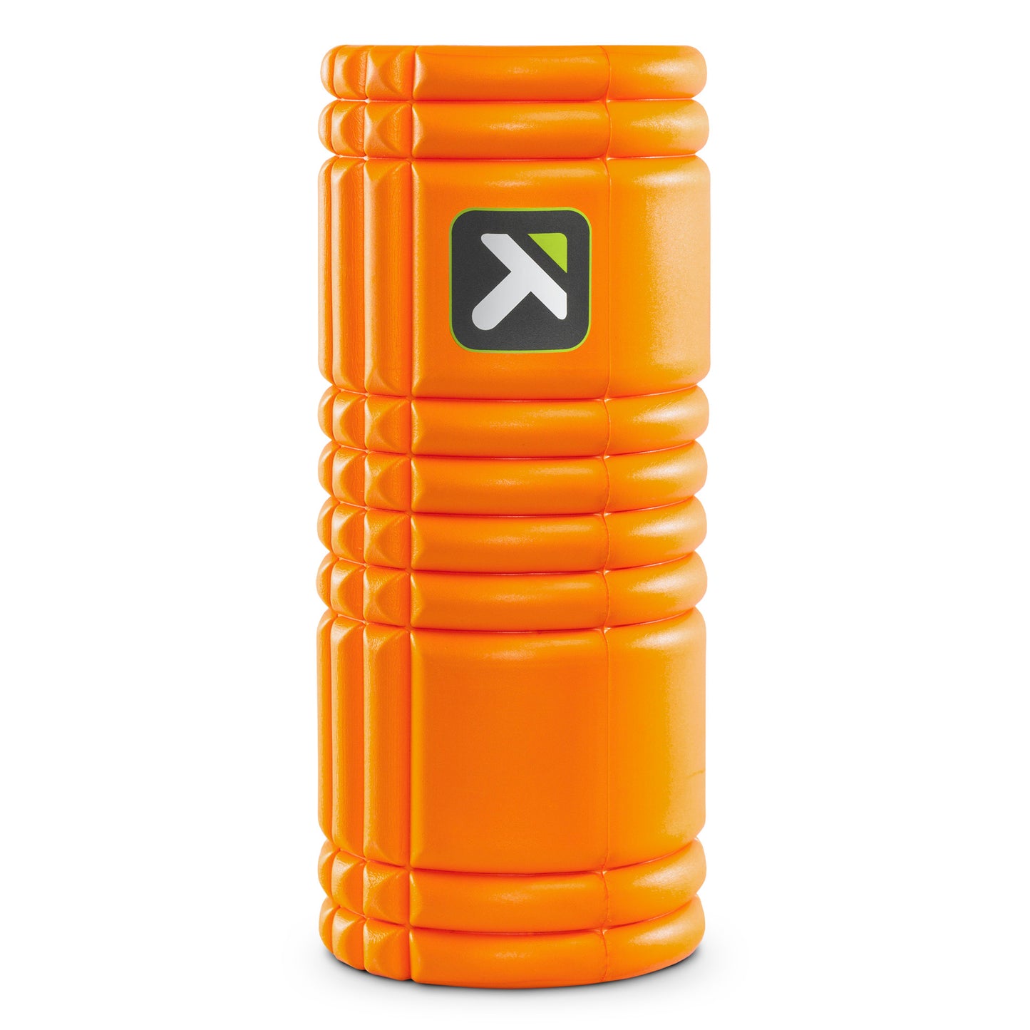 TriggerPoint GRID 1.0 foam roller in orange standing upright with logo