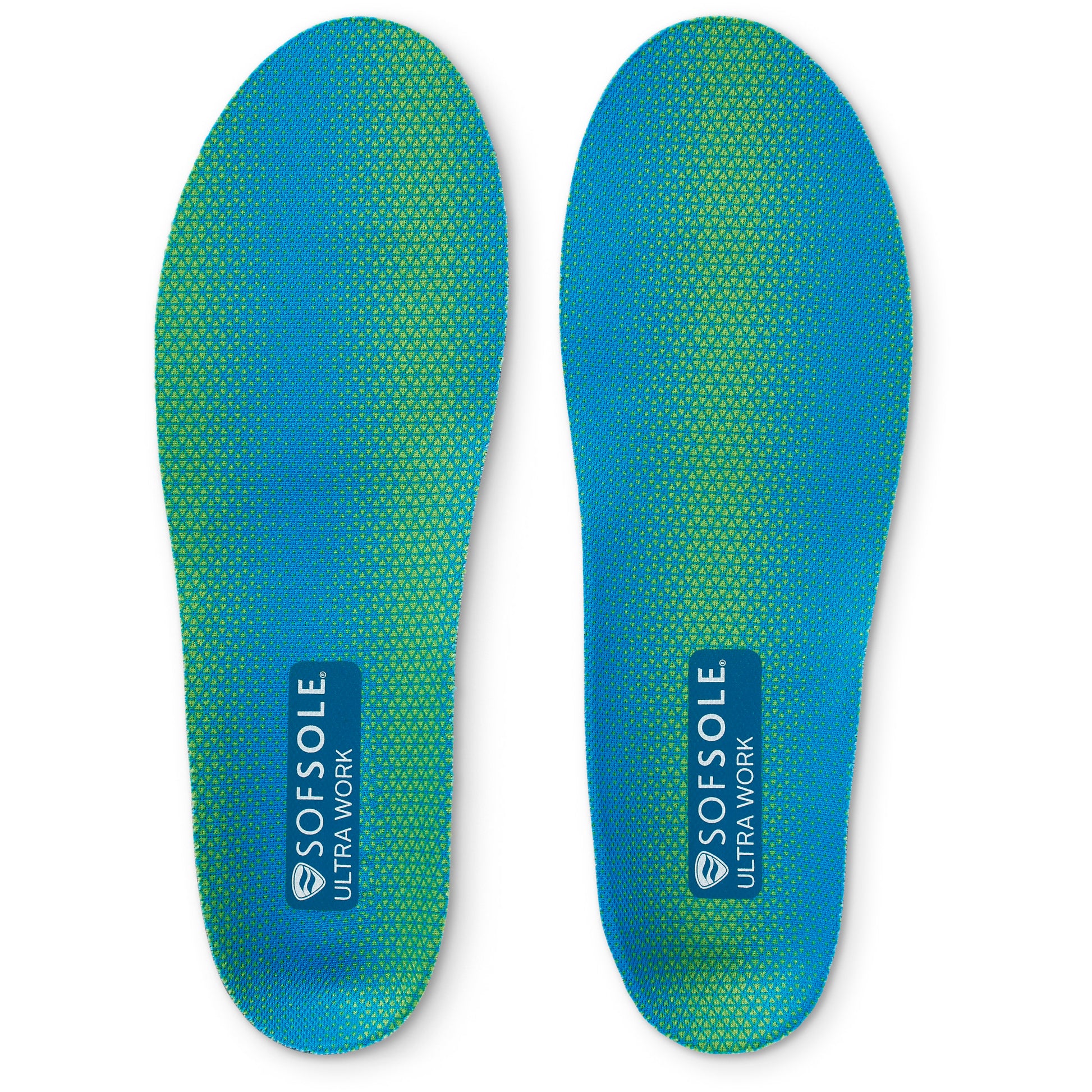 Orthotic insoles support feet in a blue and green colorway with brand label on a white background.
