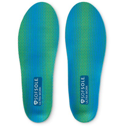 Orthotic insoles support feet in a blue and green colorway with brand label on a white background.