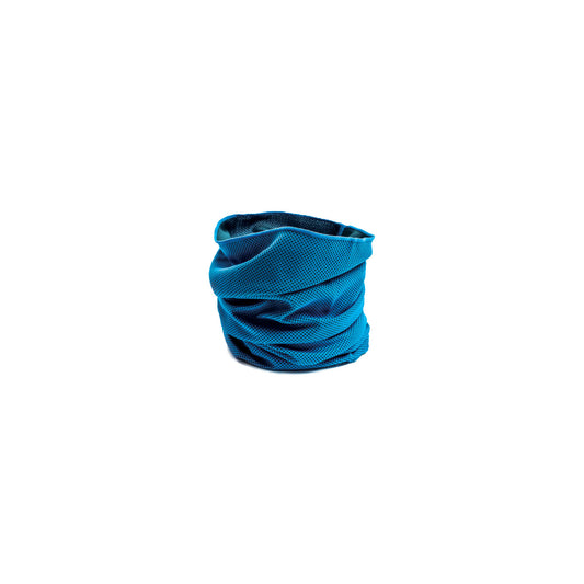 A blue neck gaiter is displayed isolated on a white background.