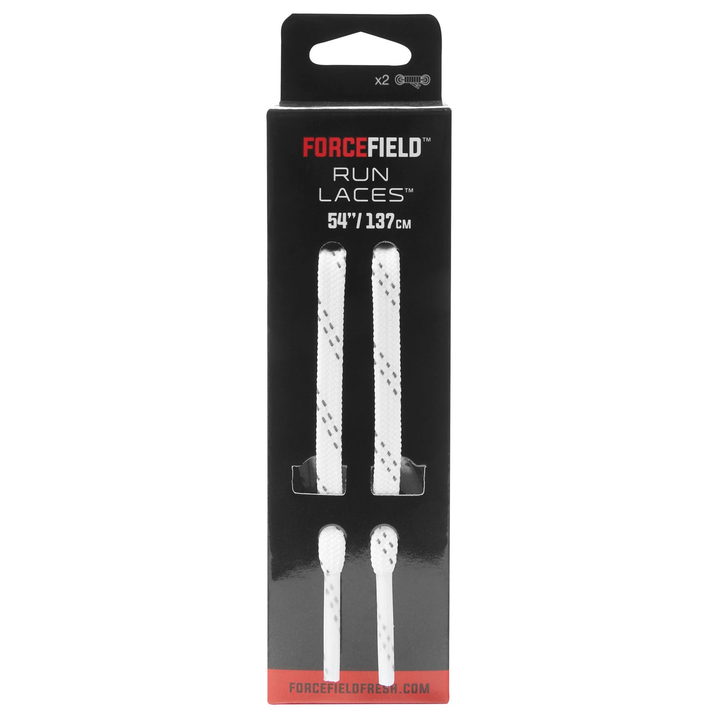 Laces are displayed in packaging for running shoes in a retail box.