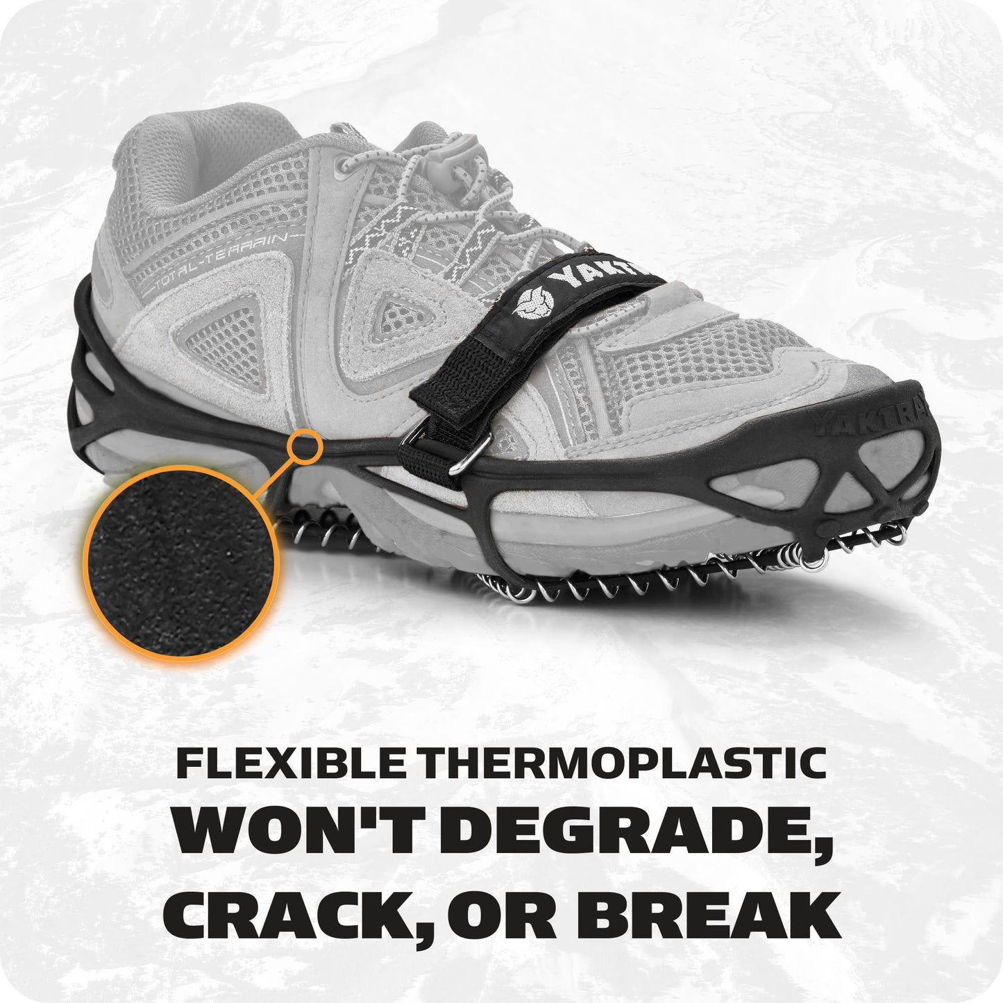 A running shoe features a flexible thermoplastic strap in a snowy environment