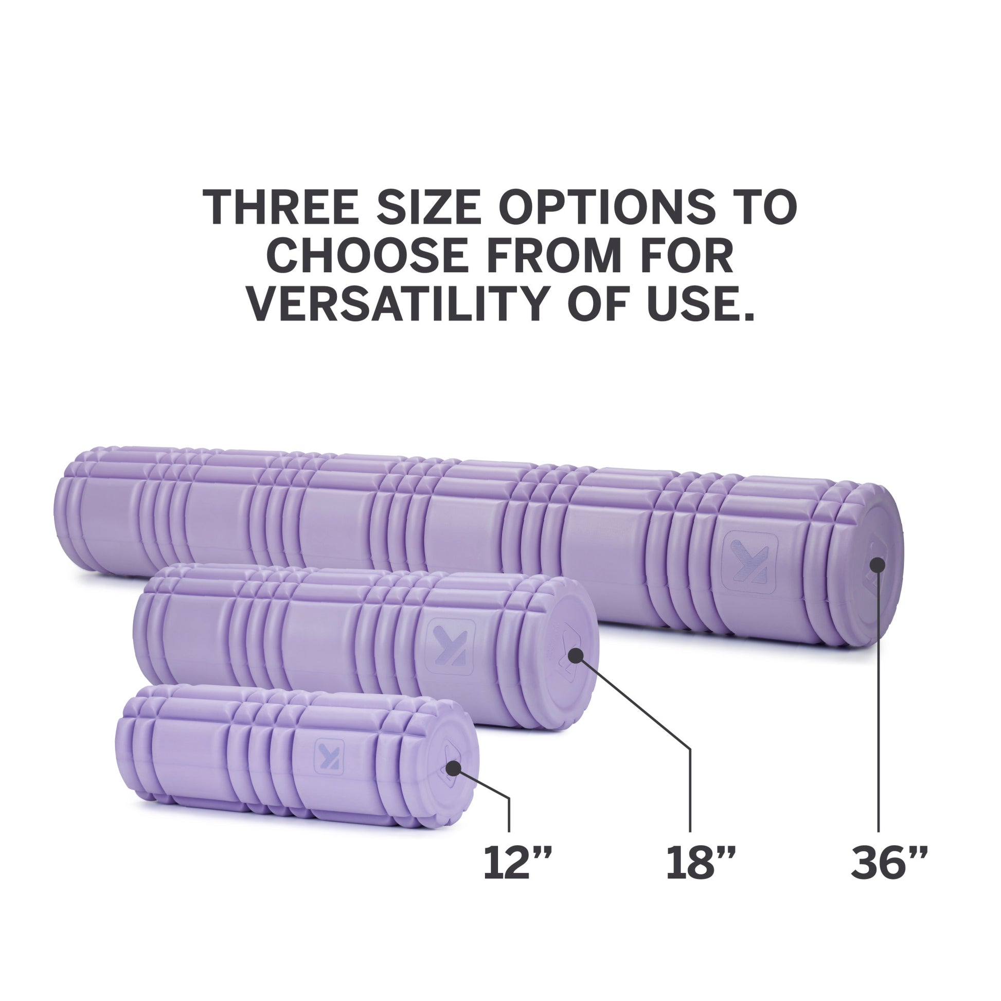 Foam rollers are shown in three sizes for versatile use in exercise and massage.
