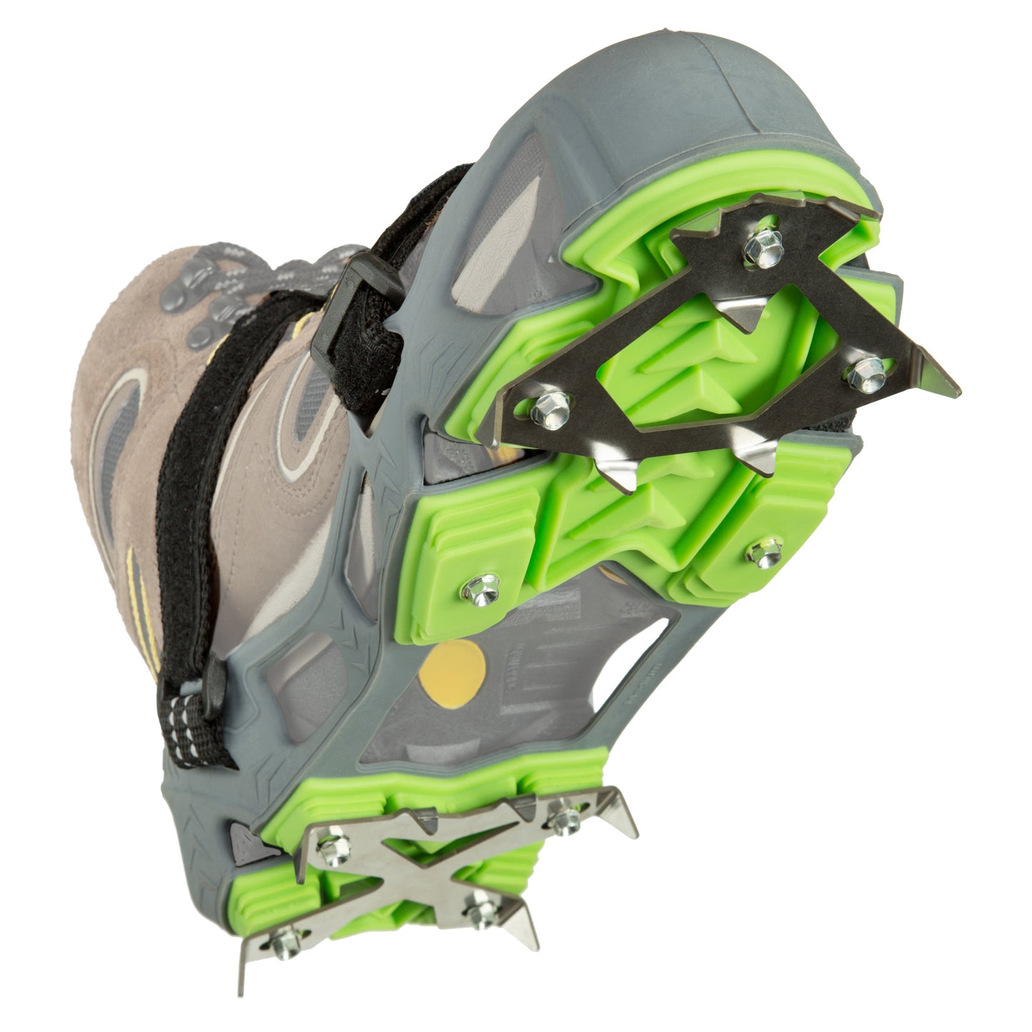 Shoe sole features hiking crampons attached for traction on icy terrain.