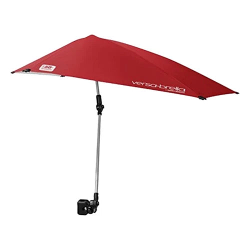 A red beach umbrella is shown with a compact pole and a small weighted base on a white background.