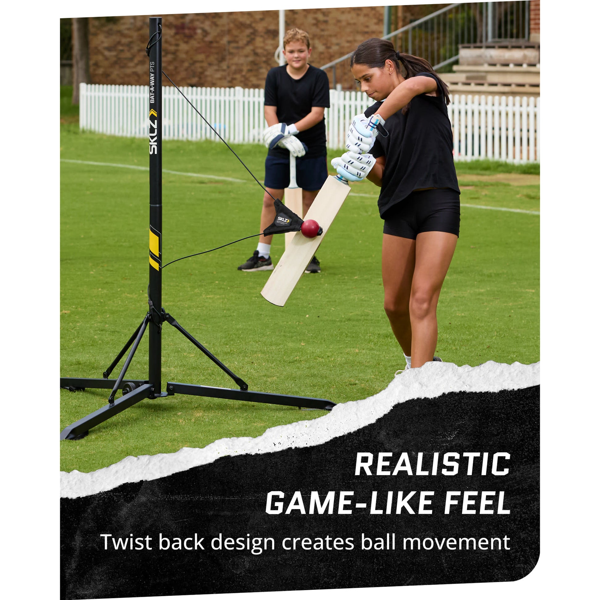 In use shot of female using SKLZ Cricket Bat-a-Way PTS swing trainer at a field with boy in background with overlay text highlighting realistic game-like feel