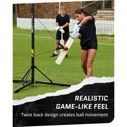 In use shot of female using SKLZ Cricket Bat-a-Way PTS swing trainer at a field with boy in background with overlay text highlighting realistic game-like feel