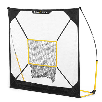 The sports net is set up for practice or training in an open outdoor space