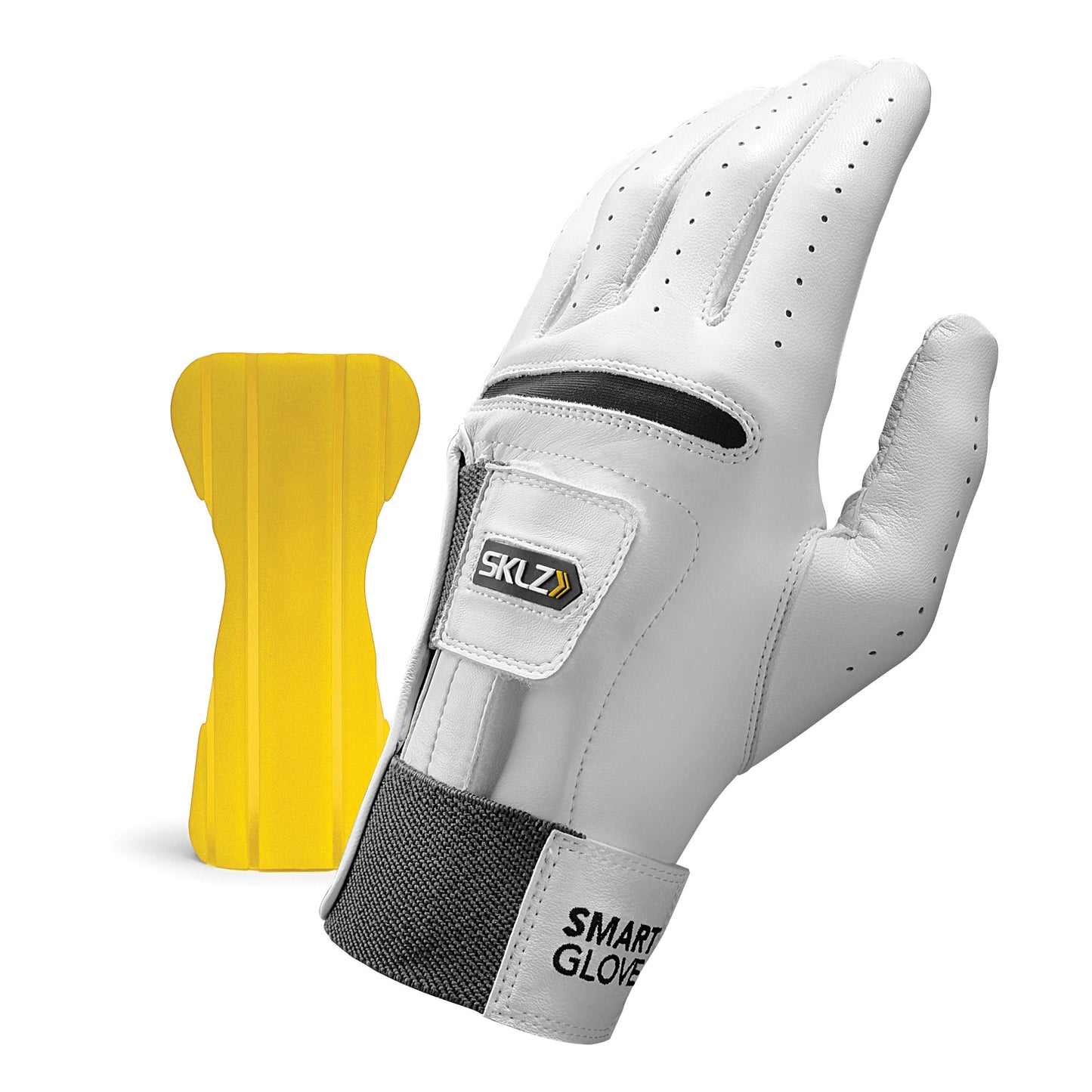 A white gloves with black and yellow accents is displayed next to a yellow protection pad on a white background