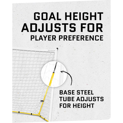A hockey goal net shows a base steel tube for height adjustment for player preference