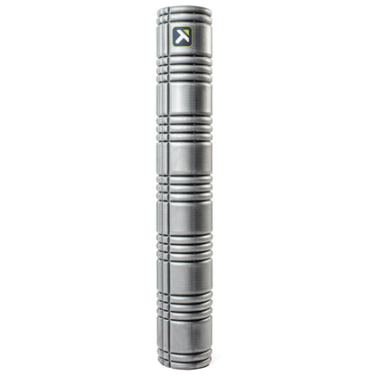 A metallic cylindrical object with a logo at the top standing upright on a white background.