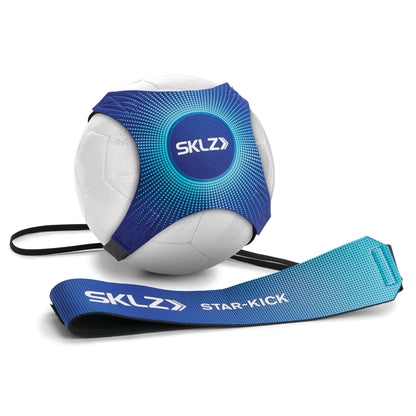 A futsal ball with an attached blue strap and a protective sleeve in a sports environment