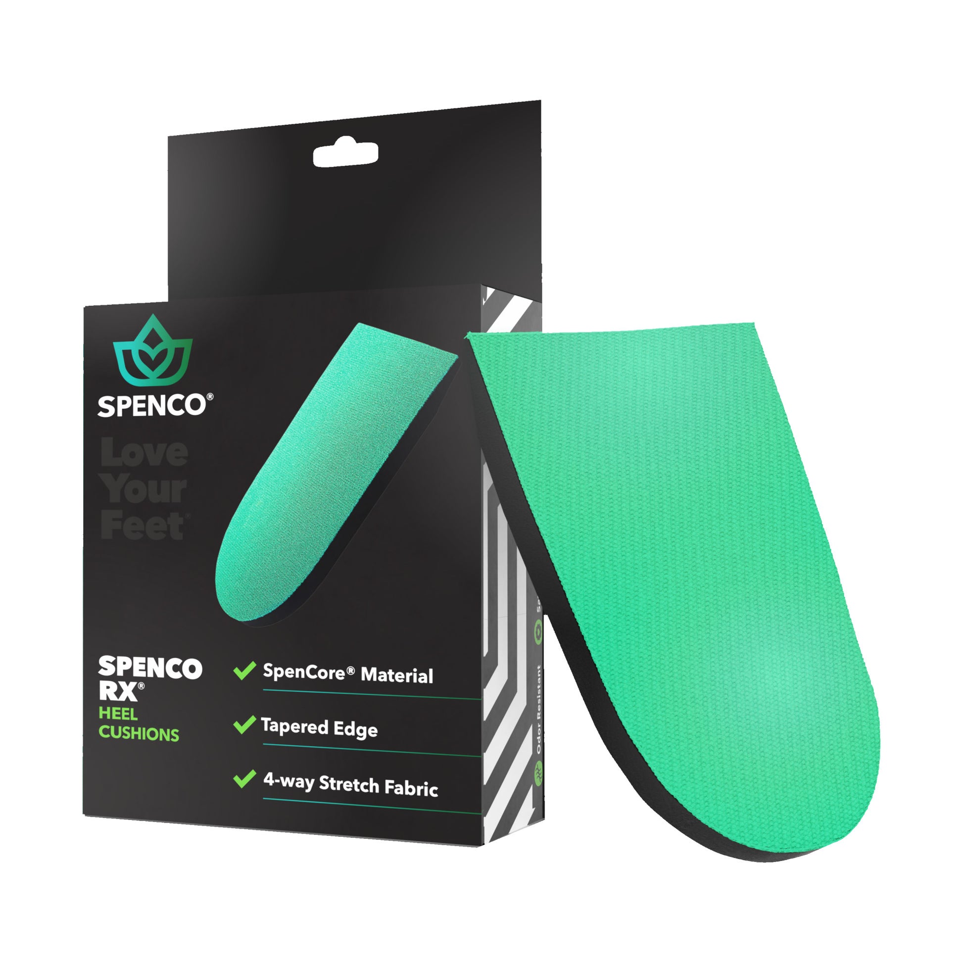 A cushioned insole is displayed next to its packaging, designed for foot support in shoes.