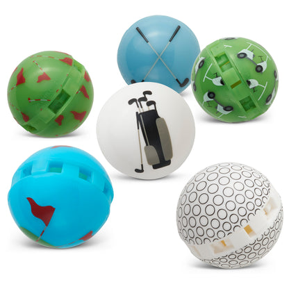 Golf balls feature various colors and designs, with some displaying golf-themed patterns and one showing golf equipment.