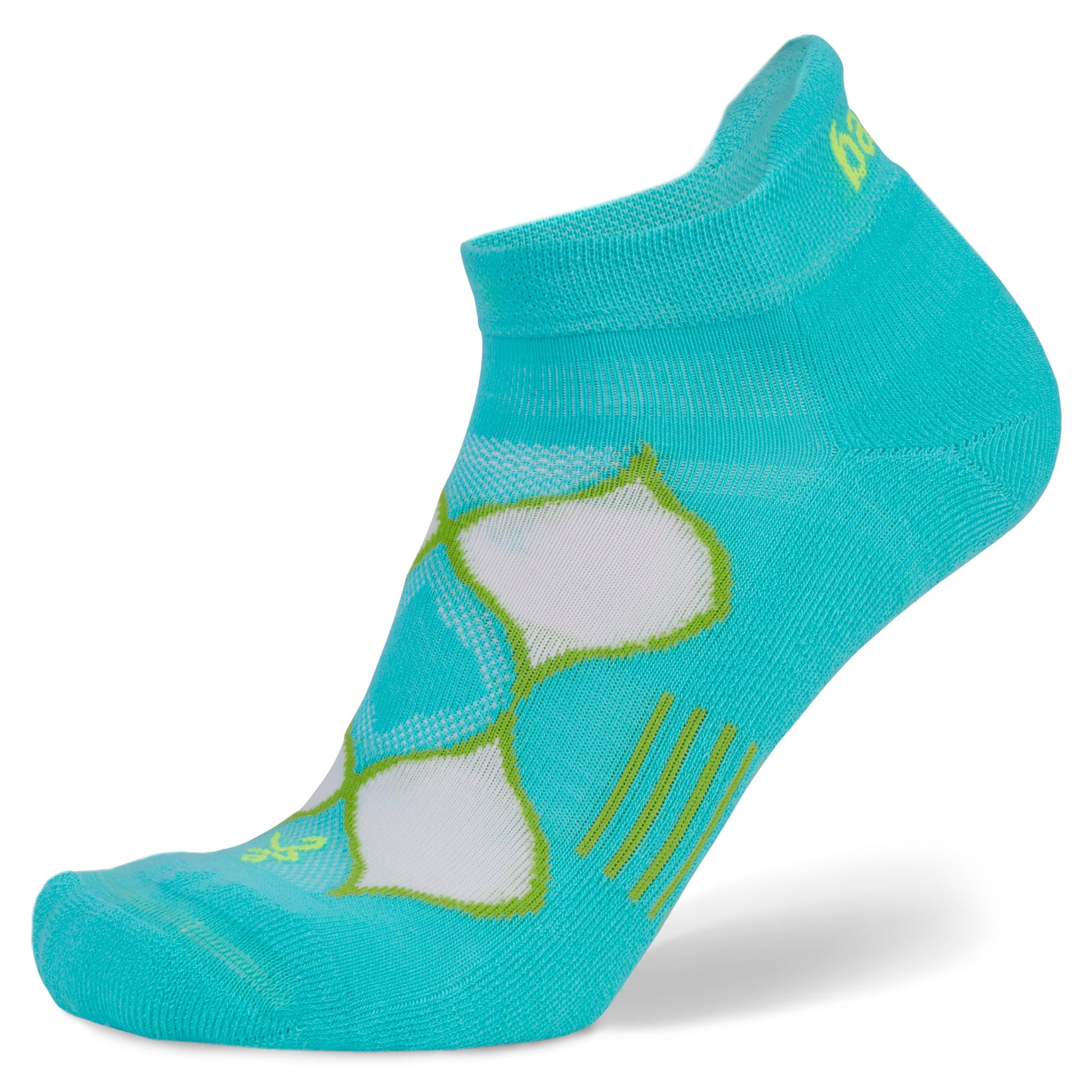 The sock features a bright blue color with green and white accents in a sportswear setting.