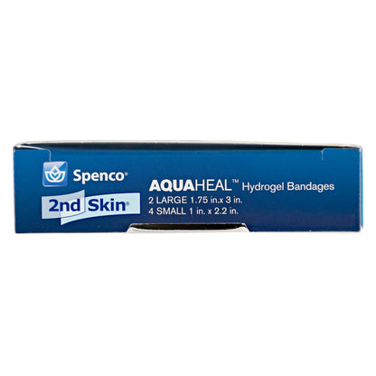 Box of Spenco AQUAHEAL hydrogel bandages for skin protection and wound care in packaging