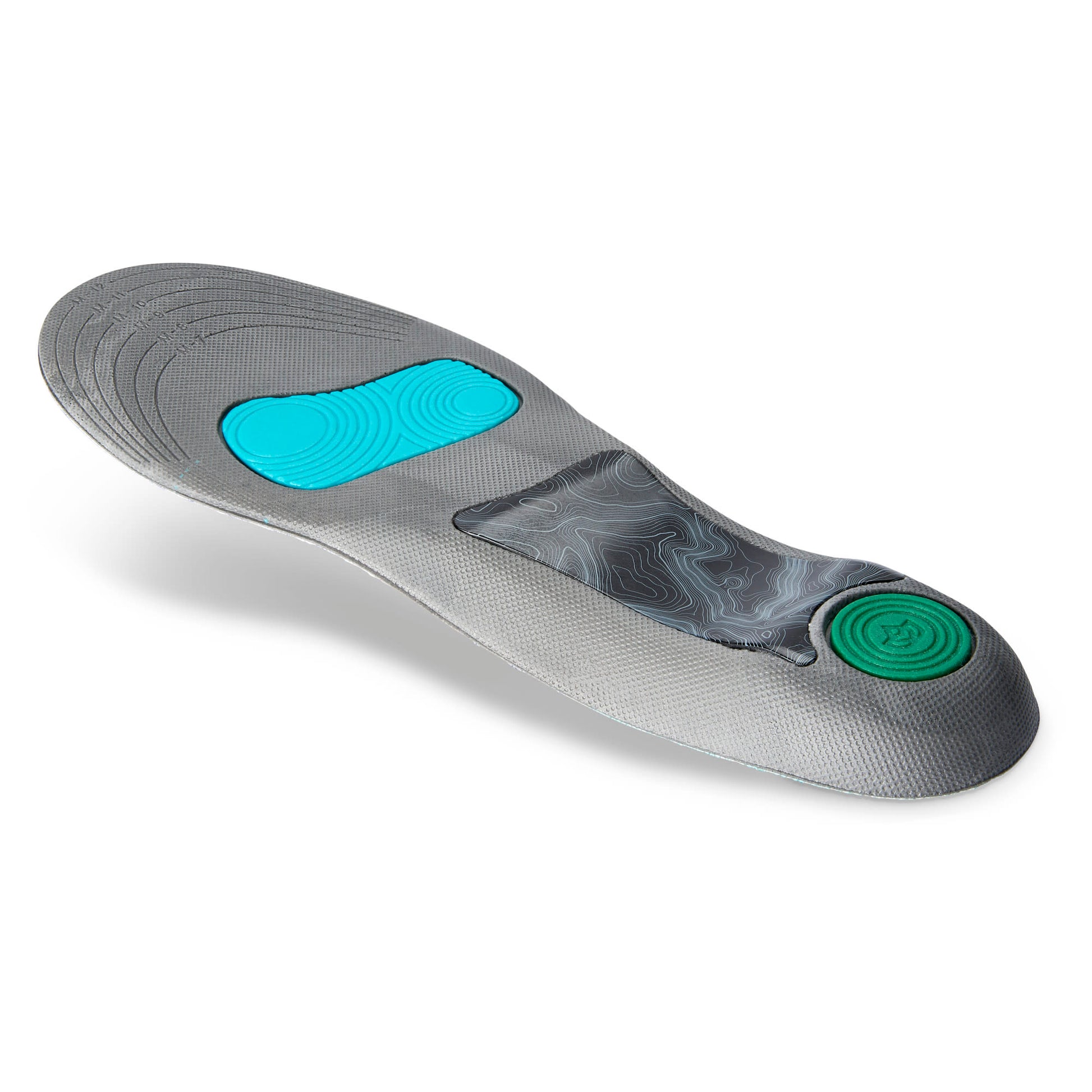An insole with contoured sections and cushioning in a shoe for comfort and support