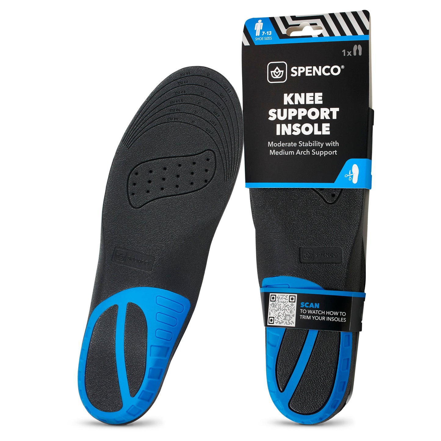 Insoles show kneepad design, feature blue accents, and highlight knee support in a retail package.