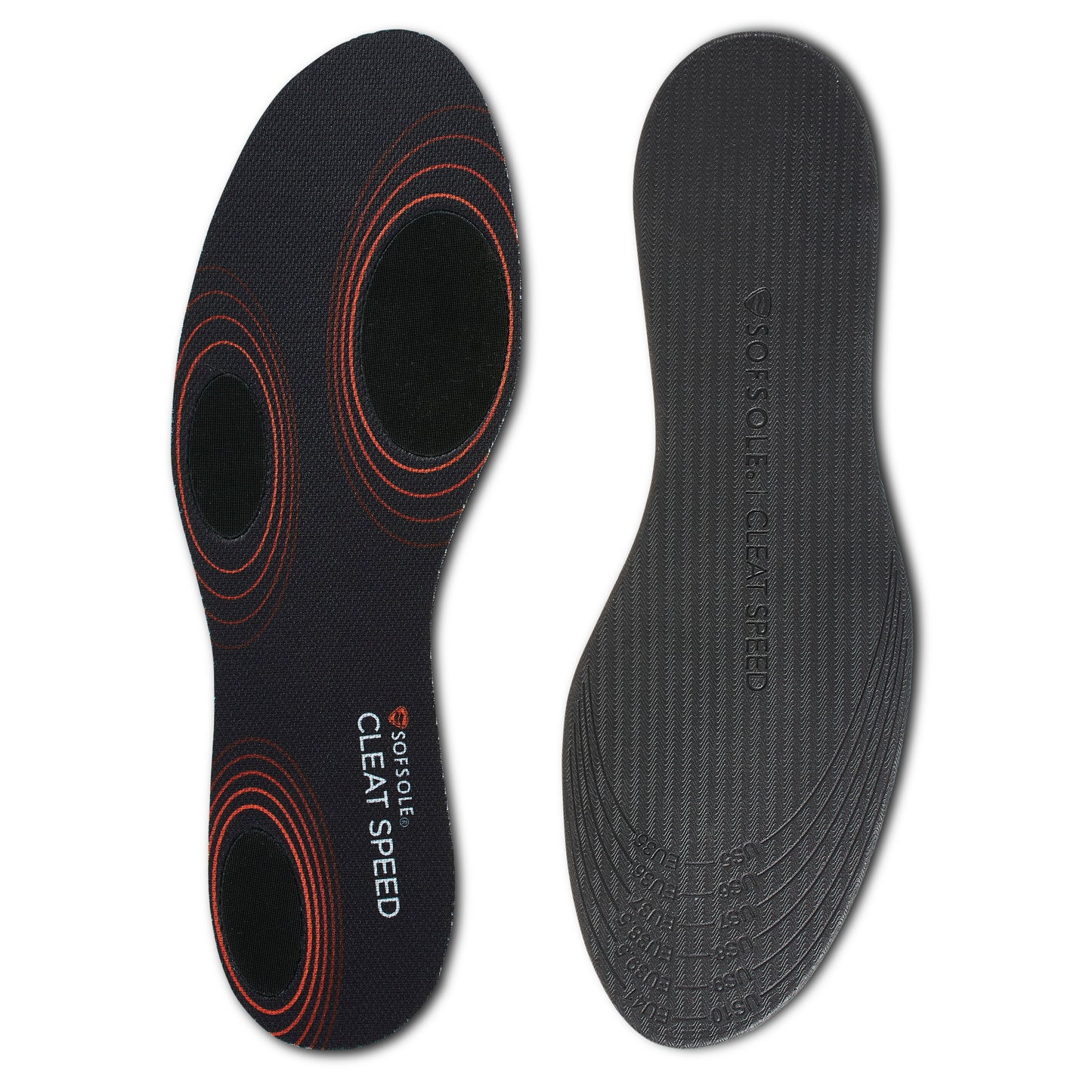 The insoles are placed side by side, featuring a textured black surface with red accents on one and branding on the other.