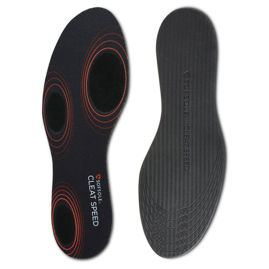 The insoles are placed side by side, featuring a textured black surface with red accents on one and branding on the other.