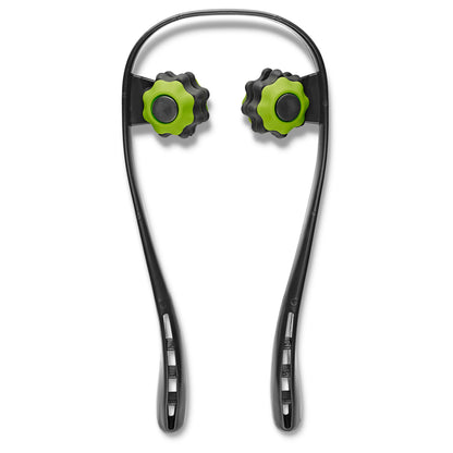 Wireless earbuds with green and black adjustments on a white background.