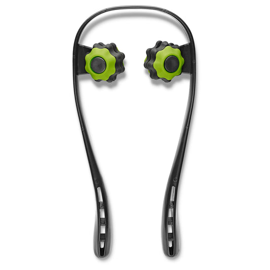 Wireless earbuds with green and black adjustments on a white background.