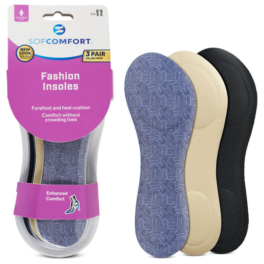 A set of three pairs of insoles with cushioned surfaces sit upright next to packaging labeled Fashion Insoles for comfort use