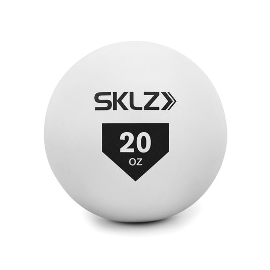 A white SKLZ 20 ounce soccer ball rests on a white background