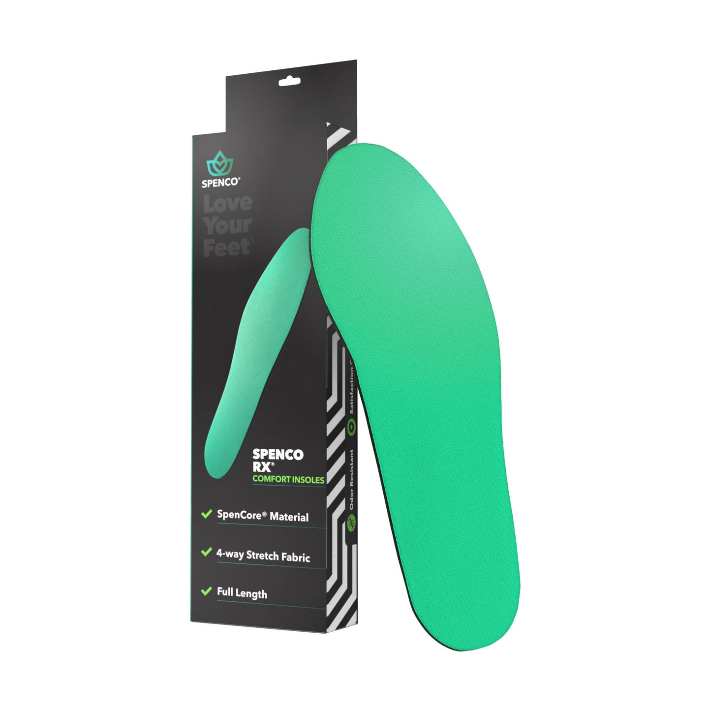 An orthotic insole in a box supports foot comfort on a black background.