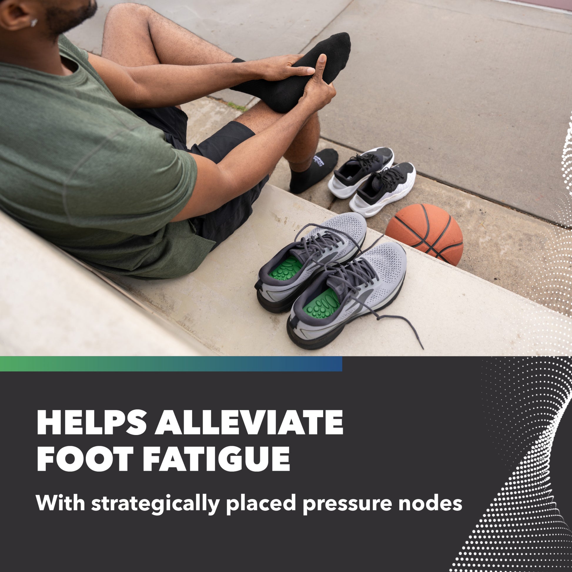 Person sits on steps with shoes and basketball nearby, demonstrating foot fatigue relief.