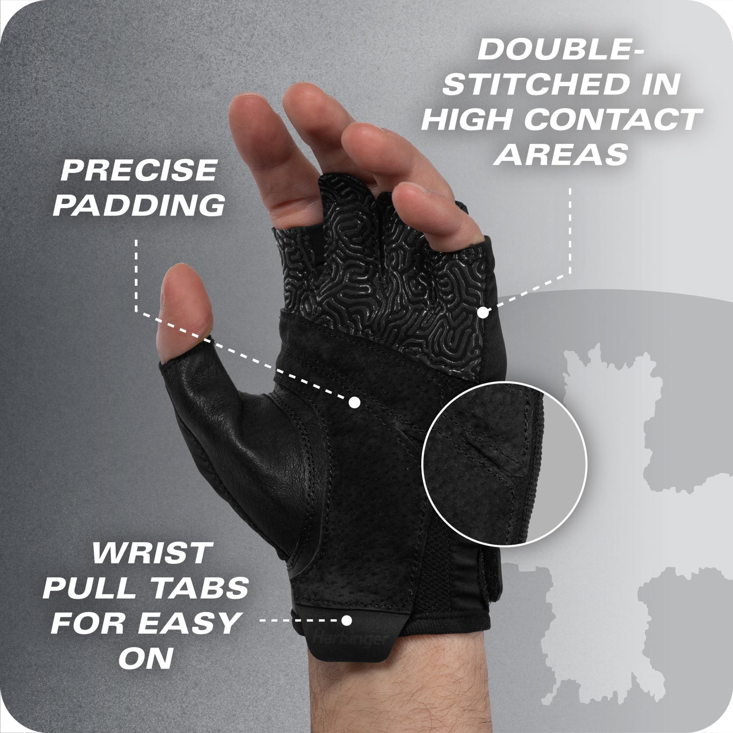 Glove shows precise padding and double stitched high contact areas for enhanced durability.