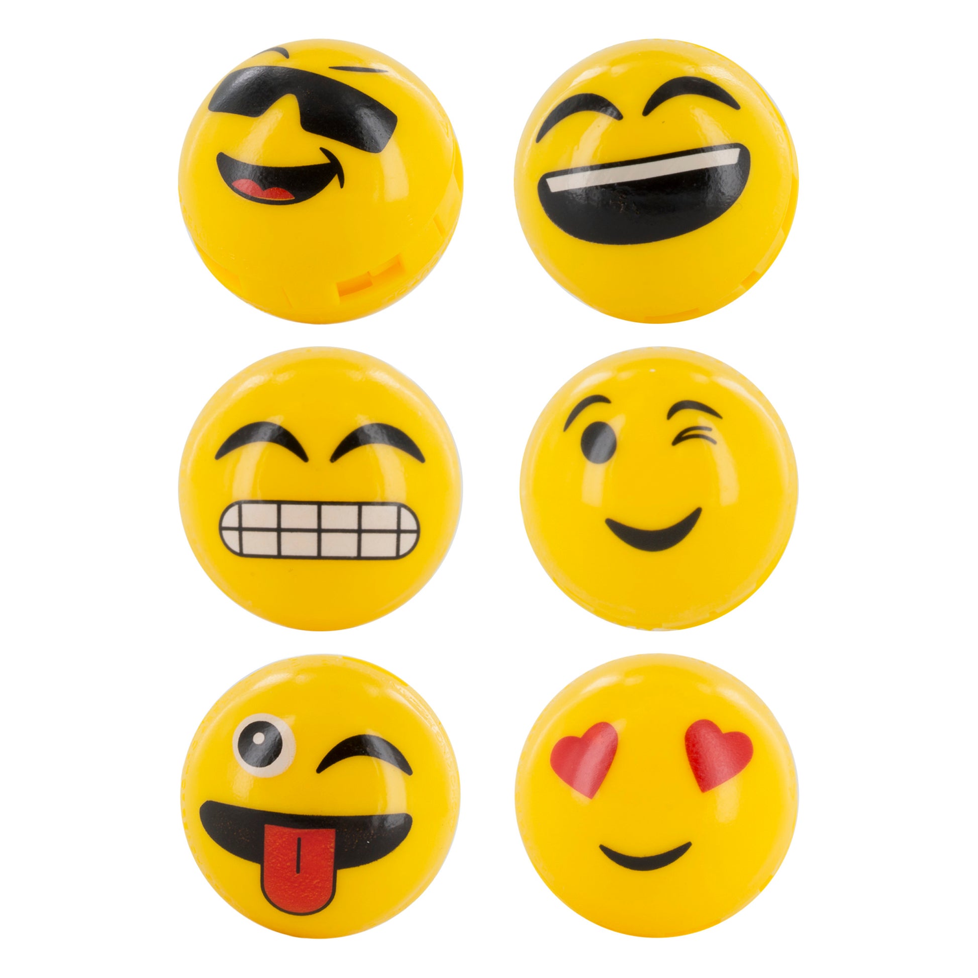 Six yellow emoji balls display various facial expressions for fun or decoration.