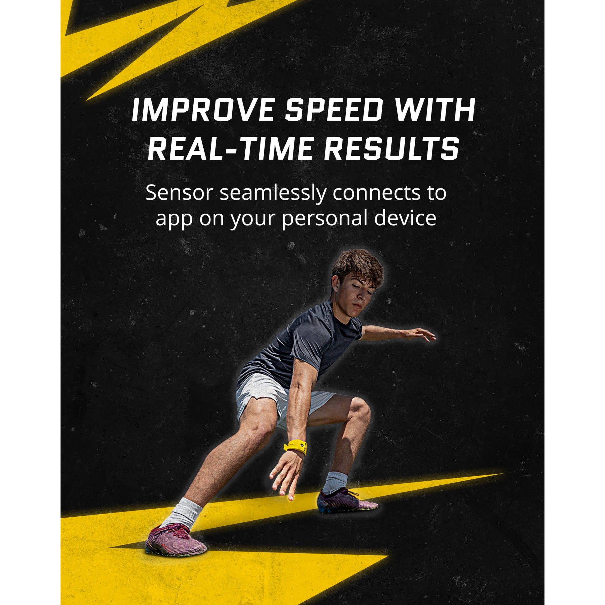 A boy wearing a fitness tracker on a black and yellow background with text indicating real-time performance tracking.