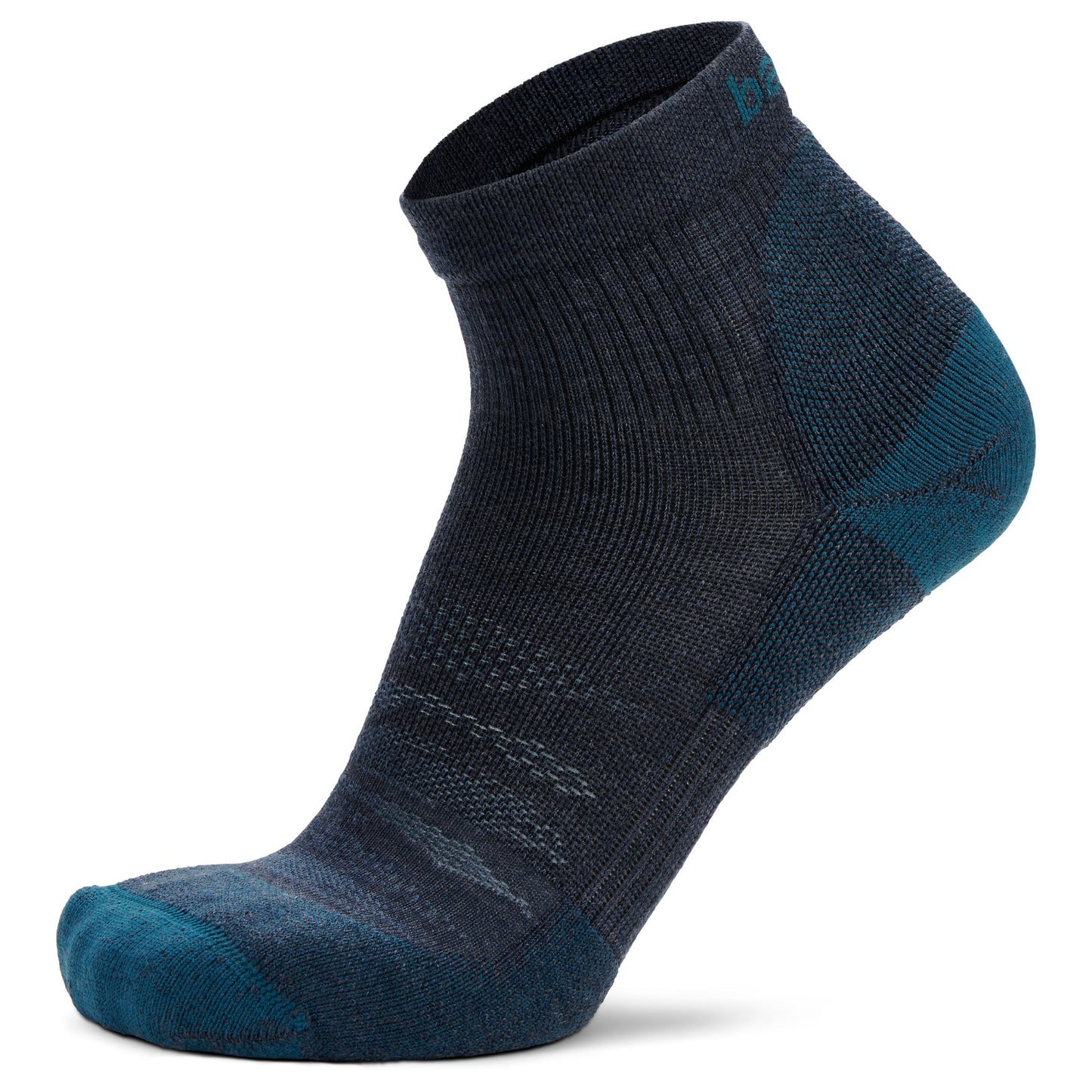A dark ankle sock with a blue heel and toe stands upright against a white background.