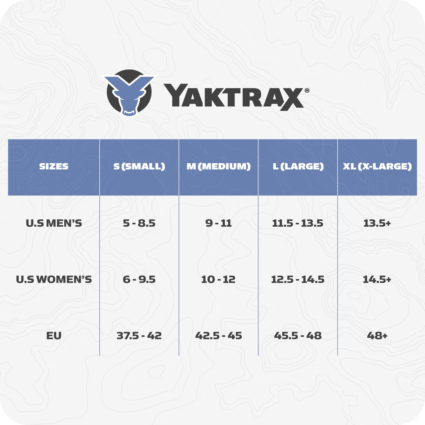 Size chart displays Yaktrax sizes for men women and EU with measurement ranges for each category